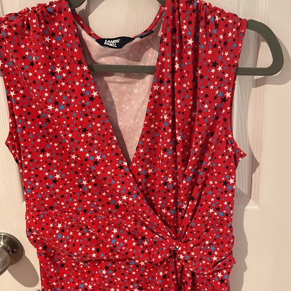 Red dress with white and blue stars and with crossover top - Picture 3 of 5